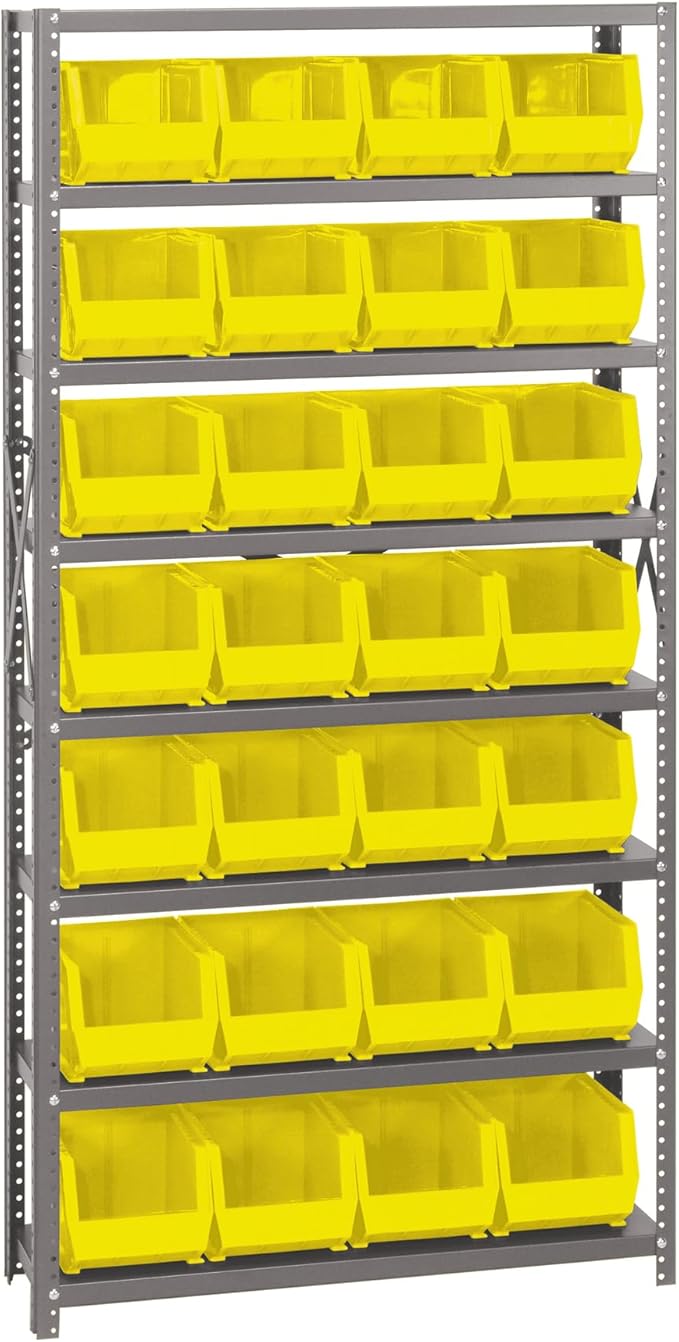 Quantum Storage Systems QSBU-239YL Giant Open Hopper Steel Shelving System, 12" D x 36" W x 75" H, with 8 Shelves and 28 QUS239 Bins, Yellow
