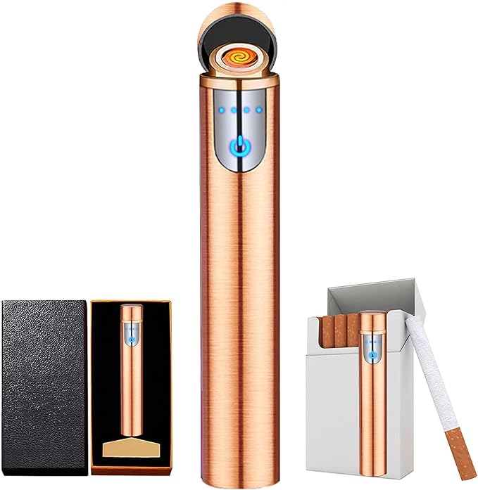 Electronic Lighter, USB Rechargeable Mini Cylindrical Strip Flameless Windproof Electric Upgrade Smart Fingerprint Ignition Lighter for Indoor Outdoor Cigarette (Rose Gold)