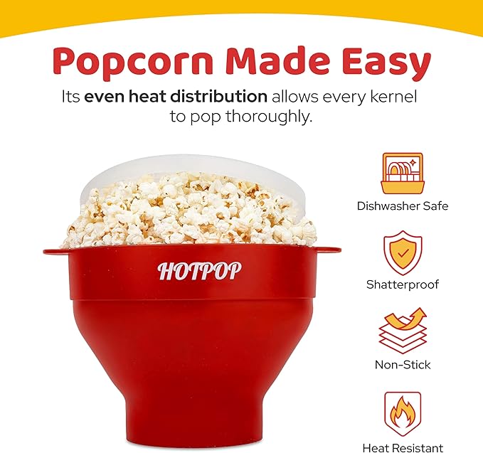 The Original HotPop Silicone Popcorn Maker - Microwave Popcorn Popper - Collapsible Bowl, Heat-Resistant, Easy to Clean, Ideal for Family Movie Nights, 15-Cup Capacity - Cherry (Pack of 2)