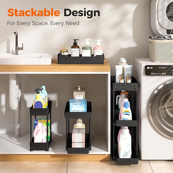 3 Pack Under Sink Organizer, 2 Tier Slide Out Bathroom Cabinet Organizer, Multi-Purpose Storage Shelf for Kitchen, Black, 14.8Inch