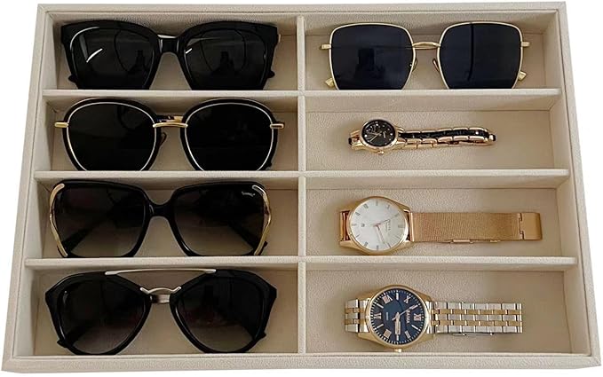8 Slot Large Light Beige Premium Quality Velvet Sunglasses Eyewear Glasses Watch Box Tray Stackable Practical Trade Show Home Use Jewelry Display Organizer Drawer Divider Insert