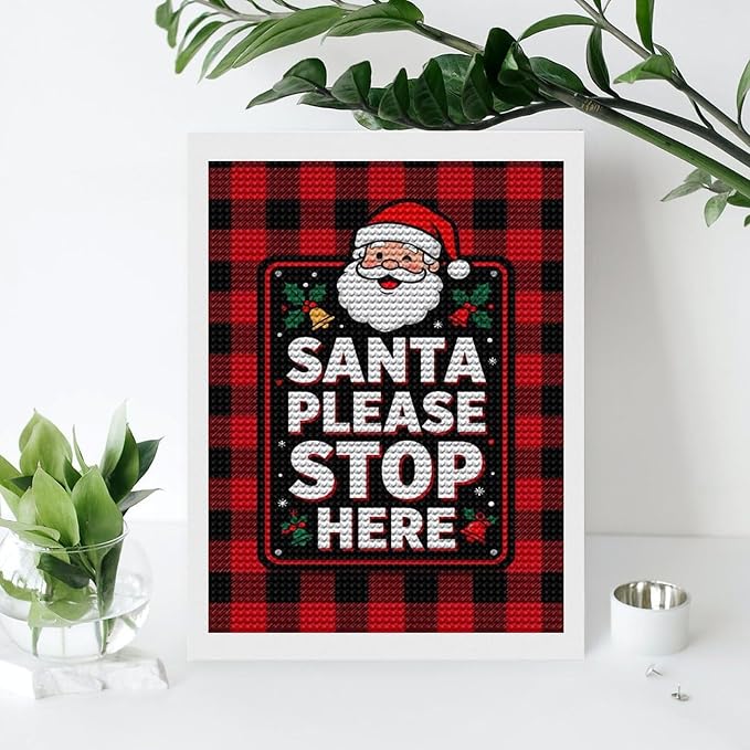 AIVKIEJK Diamond Painting Kits for Adults - Holly & Stars, Santa Please Stop Here Painting DIY 5D Full Drill Diamond Dots Paintings with Diamonds Gem Art and Crafts Home Decor 12"x16"
