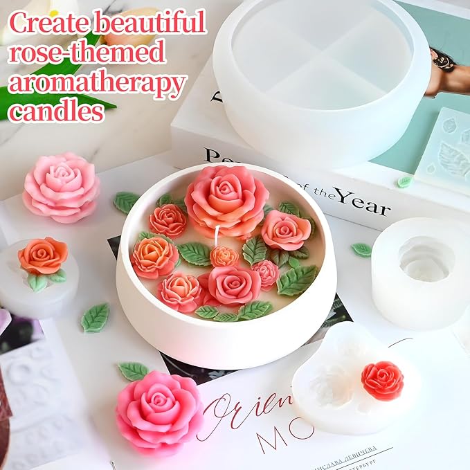 Rose Candle Molds, 5Pcs Rose Silicone Molds for Candle Making, Roses Flower Leaf Mold and Round Candle Vessel Mold Set for Scented Candles, Handmade Soap, Epoxy Resin Casting, Mom Gifts