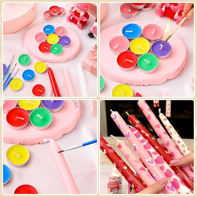 Treela 84 Pcs Galentine's Day DIY Candle Painting Kit Include 10 Inches White Pink Red Taper Candles 60 Colored Tealight Candle 12 Paint Brushes for Valentines Gifts Adult Crafts Centerpieces