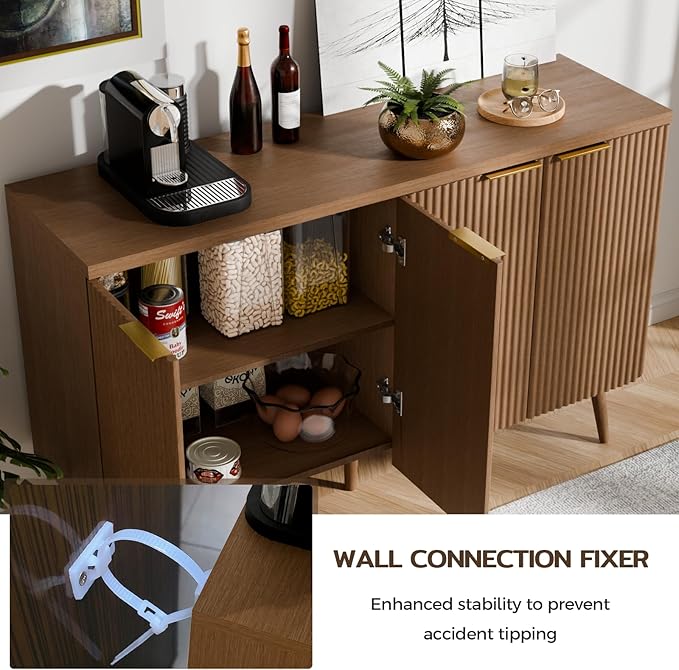 47.2" Sideboard Buffet Cabinet with Storage, Modern Fluted Accent Credenza with 4 Doors, Buffet Media Console Entryway Cabinets with Adjustable Shelves for Living Dining Room Hallway, Walnut