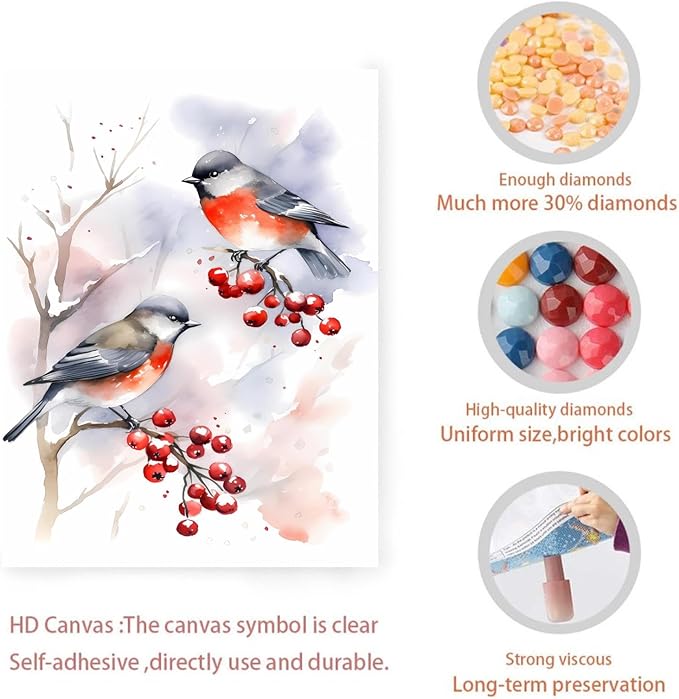 GUAIEUW Red Fruit Red Bird Diamond Painting Kit for Adults, Full Round Diamond Cardinal Bird 5D Diamond Painting DIY Art Crafts for Winter Home Wall Decor Holiday Gift 20x24 Inch