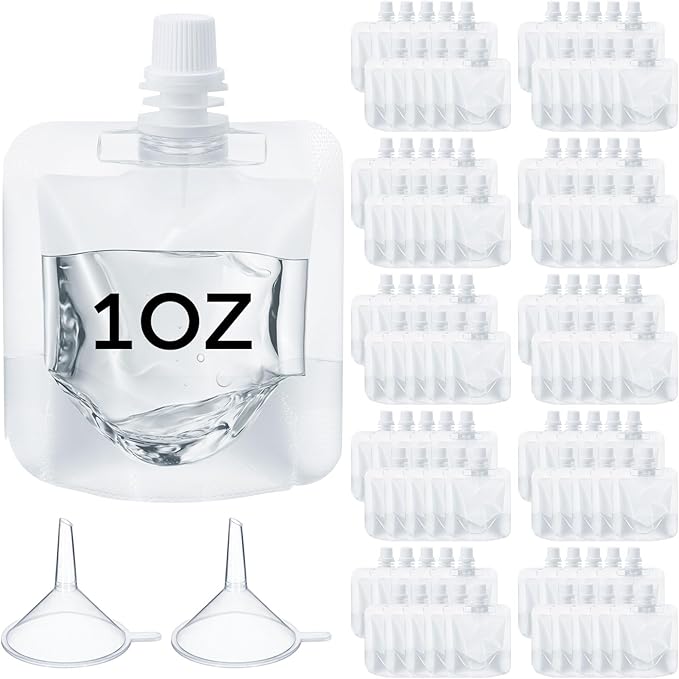 100 Pcs Plastic Pouches Bulk Clear Juice Bags Squeeze Pouches Plastic Leak Proof Bags with Funnel for Party Favors (1 oz)