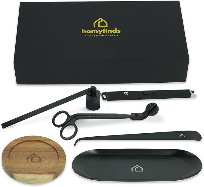 Candle Accessory Set 5 in 1 Candle Care Kit with Candle Wick Trimmer, Wick Dipper, Candle Snuffer, Rechargeable Candle Lighter & Metal Tray - Luxury Gift Box for Candle Lovers (Matte Black)