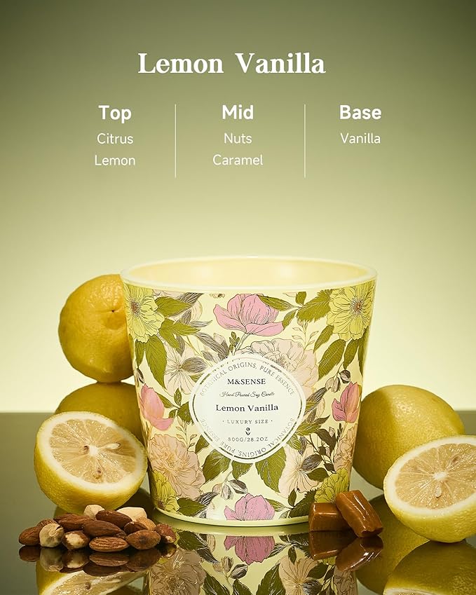 M&SENSE Lemon Vanilla Scented Candle, 28.2oz 3 Wick Natural Soy Wax Large Candles, Long Lasting Clean Slow Burning No Toxic Décor for Home Relaxation, Romantic Dates & Gift-Giving