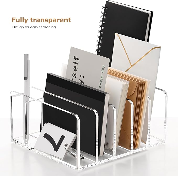 SANRUI Acrylic Mail Organizer, 5 Compartments File Holder for Desk, Letter Sorter with Pen Holder, Clear Countertop Document Sorter for Notebooks, Bills & Eyeshadow Palettes