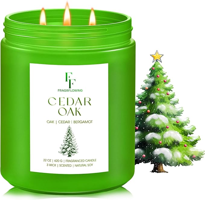 Cedar Oak Large Christmas Tree Candle, 3-Wick 22oz Long Lasting Scented Candle, Natural Soy Wax Aromatherapy Candle for Home, Holiday Candle Gifts for Women Men