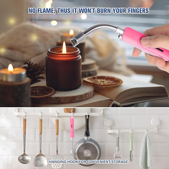 Lighters for Candle,Flameless Plasma Arc Electric Lighter USB C Rechargeable, Long Flexible Neck with Safety Switch for Birthday, Fireplace, Stocking Stuffers Gifts(Pink)