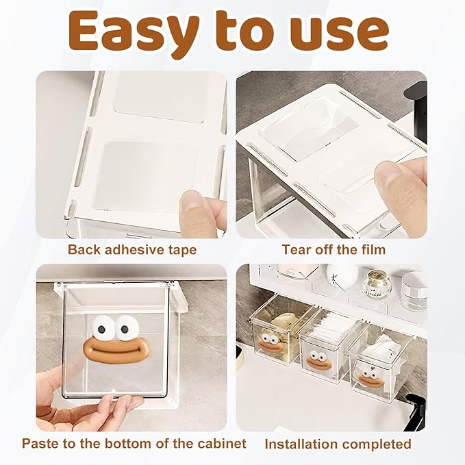 3 Pack Under Desk Storage Drawer,Self-Adhesive Slide-Out Organizer Box,Under Table Shelf Hidden Pull-Out Cabinet,Space-Saving Tray for Office Kitchen Bathroom