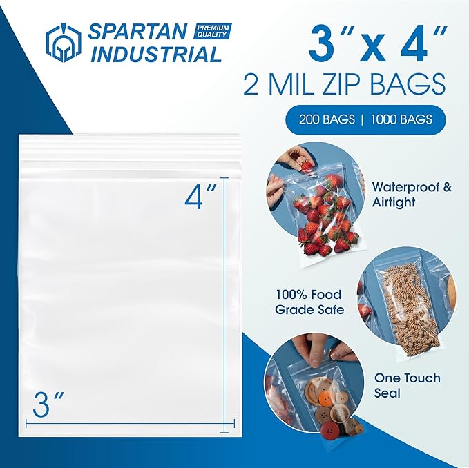 Spartan Industrial - 3” X 4” (200 Count) 2 Mil Clear Reclosable Zip Plastic Poly Bags with Resealable Lock Seal Zipper