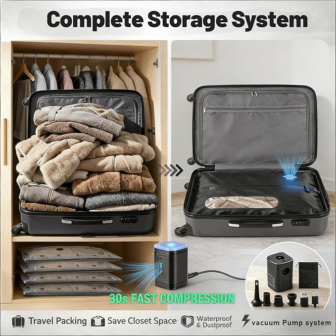 11-Pack Travel Vacuum Bags with Pump, 2×28L TPU Waterproof Vacuum Seal Bags + 9 PA&PE Compression Bags (S/M/L),Space Saver for Clothing, Luggage,Travel,Backpacks & Suitcases,Home Storage