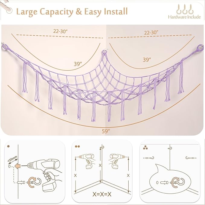 YKBU Stuffed Animals Hammock Corner Hanging Net for Macrame Stuffed Animal Storage Plush Toy Holder Toy Organizer for Boho Nursery Playroom Bedroom (purple, Large)