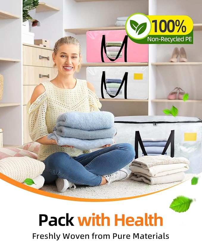 Extra Large Moving Bags, 12 Pack Heavy Duty Storage Bags Boxes Bins Totes with Hnadles Zippers Visible Window for Clothes College Dorm Travel, Clear