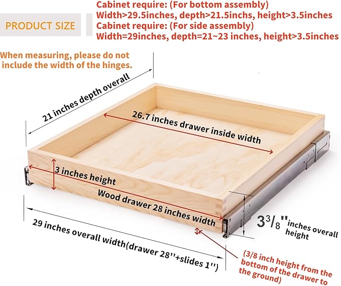 28”W x 21”D x 3”H Soft Close Slide Out Wood Drawer Organizer for Kitchen, (Cabinet Opening>29.5 inches for Bottom Assembly, Width= 29 inches for Side Assembly)