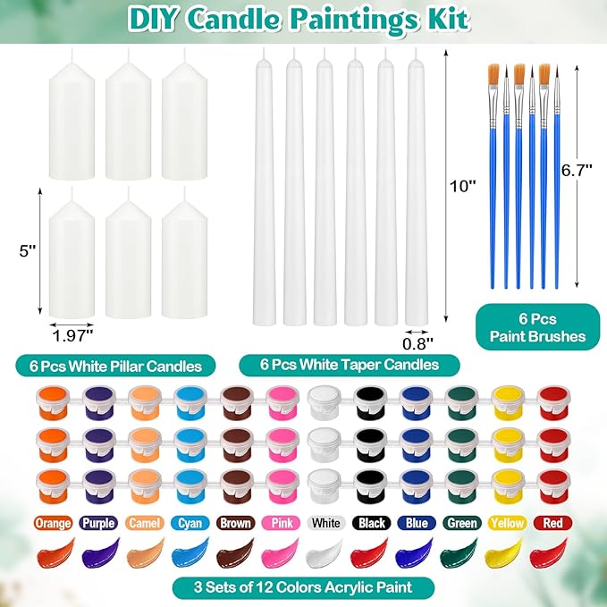 MTLEE 54 Pcs DIY Candle Painting Kit Include White Candles Colorful Acrylic Paint Strips and Paintbrushes for Crafts Making Wedding Birthday Party Centerpiece(Pillar, Taper)