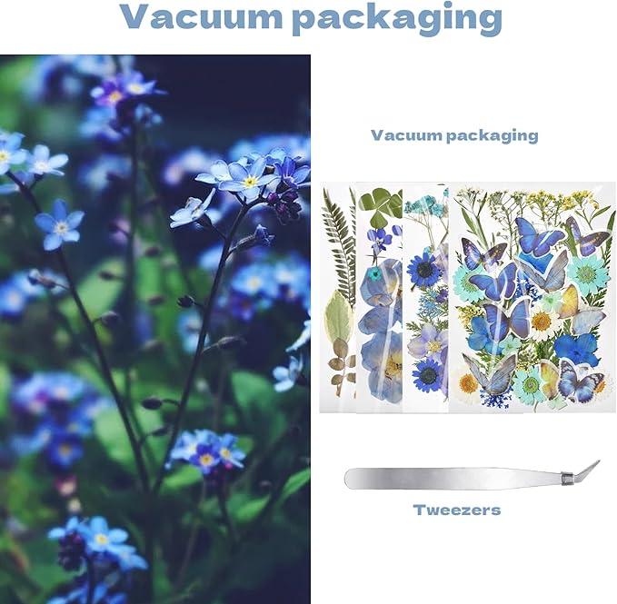 CONVELIFE Pressed Flowers112 Pcs , Blue Natural Dried Pressed Flowers with 10Butterfly Stickers, Pressed Leaves kit for Scrapbook Supplies Card Making Resin Jewelry Making Soap Candle DIY Crafts