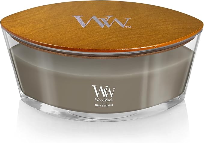 WoodWick Sand & Driftwood Gifts for Women and Men, 16 oz Ellipse Candle with Crackling Wick