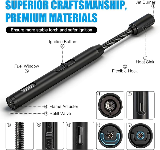 LcFun Torch Lighter Refillable Butane Lighters with Flexible Long Neck and Visible Fuel Window, Windproof Jet Flame Long Matches for Candles Grill Fireplace Kitchen Camping (Butane Not Included)