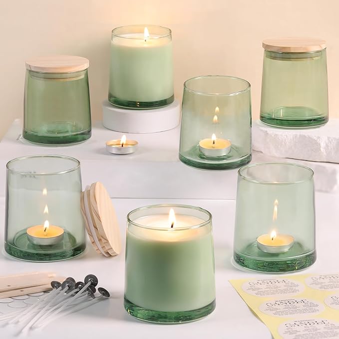 DARJEN 12 Pack Green Candle Jars for Making Candles- 9 OZ Empty Glass Candle Making Jars with Making Kits, Candle Making Supplies Candle Containers for Home DIY & GIFS