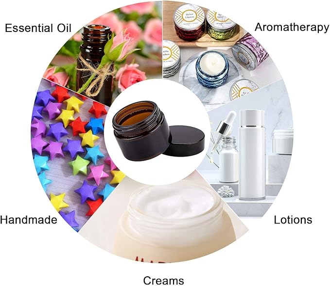 Encheng 15 Pack of 2 oz Amber Round Glass Jars,with Inner Liners and Black Lids,Empty Cosmetic Containers,Cream jars