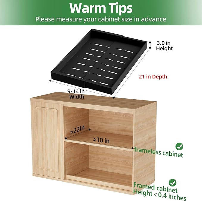 PAKETA 4 Pack Expandable Pull Out Cabinet Organizer, 21'' Deep Pull Out Drawers for Cabinet, Upgrade 3 Slide Rails Sliding Drawers for Cabinets with Adhesive Nano Film (Black, 21"D X 9-14"W)