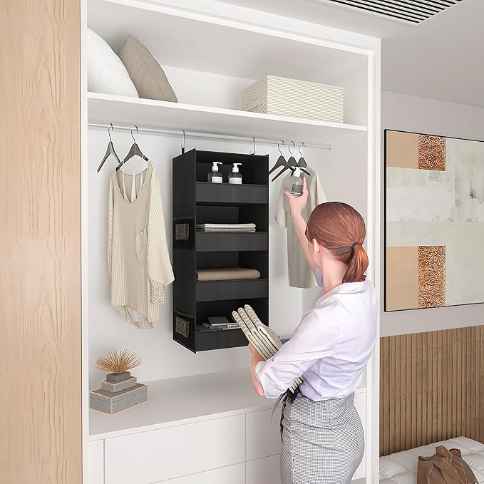 4-Shelf Hanging Closet Organizer and Storage Foldable Hanging Closet Shelves Front Lip Design Washable Hanging Storage, Black