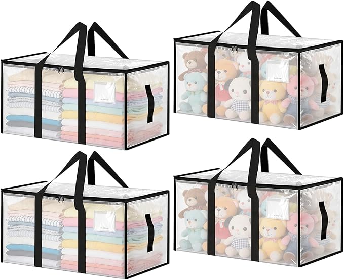 Large Moving Bags 4 Pack Heavy Duty Storage Bags with Reinforced Zipper and Wide Handles, Fold Flat Storage Totes with Tag Pocket, Idea for Space Saving, Alternative to Moving Box (88L, Clear)