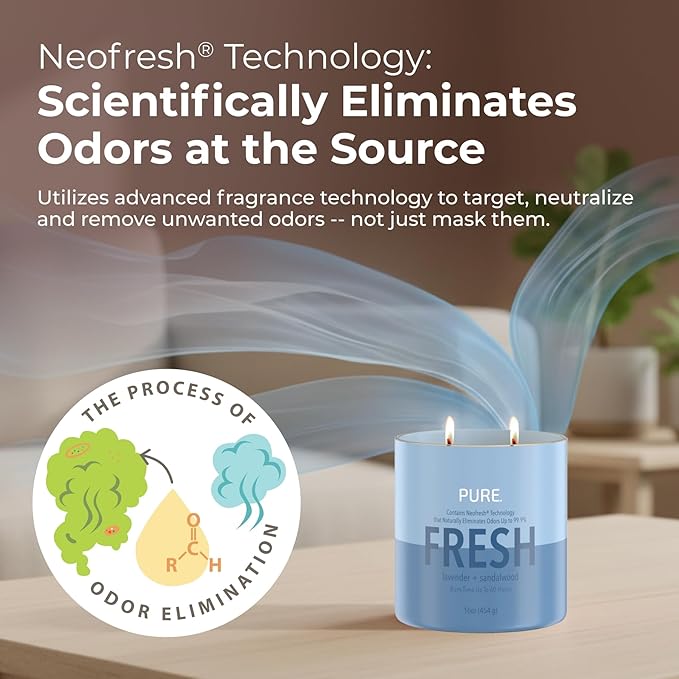 Candle-Lite Pure Lavender & Sandalwood Odor Eliminating Scented Candles, Neofresh Technology Eliminates 99.9% of Odors, 16 oz 2-Wick Jar, Proudly Poured in The USA, Up to 60 Hours Burn Time
