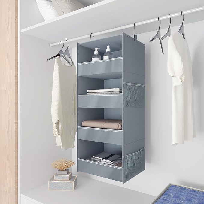 4-Shelf Hanging Closet Organizer and Storage Foldable Hanging Closet Shelves Front Lip Design Washable Hanging Storage, Gray
