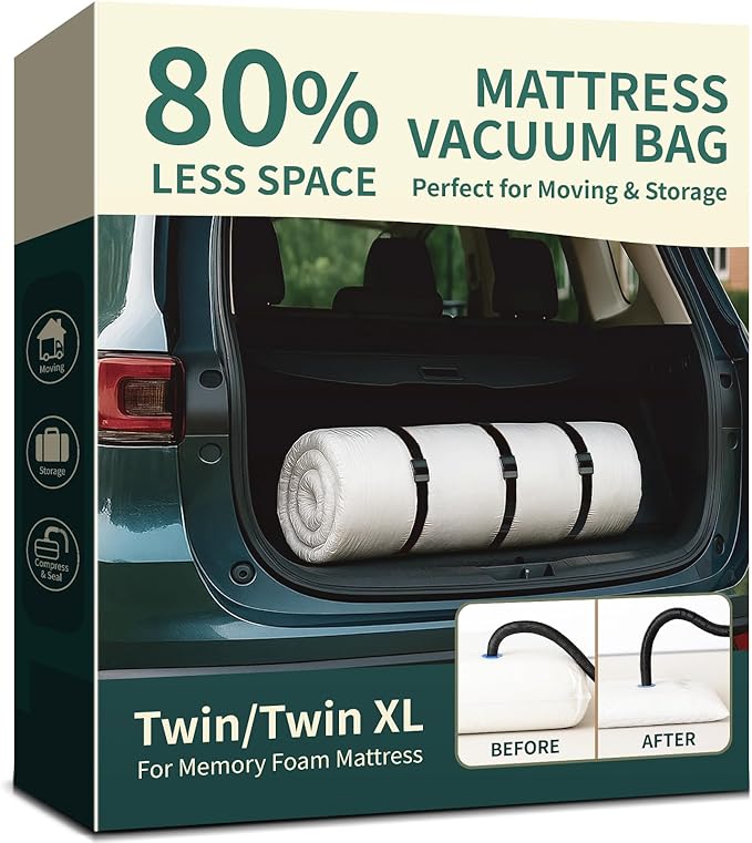 Memory Foam Mattress Vacuum Bag for Moving and Storage – Heavy Duty Compression Bag with Straps, Vacuum Bag for Memory Foam Mattress (Twin/Twin-XL)