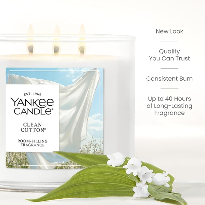 Yankee Candle Clean Cotton, Fall Scented Candle, 14.5oz 3-Wick Candle Jar with up to 40 Hours Burn Time