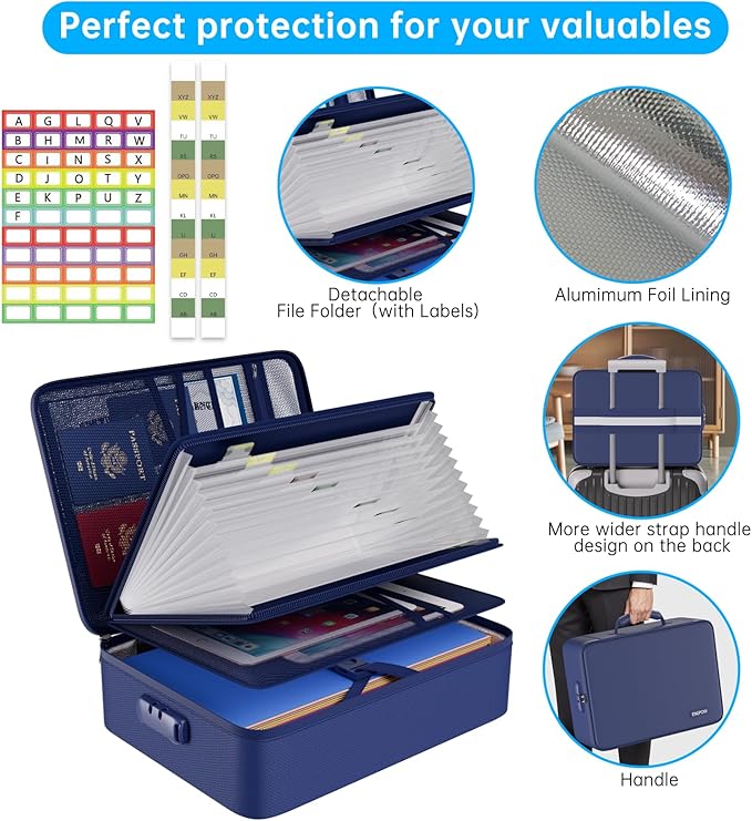 ENGPOW 5200℉ Fireproof File Organizer Bag with 13 Pocket Accordion File Folder,Document Organizer Box with Lock&Labels,Multi-Layer Portable Home Travel Safe Storage Box for Important Documents,Blue