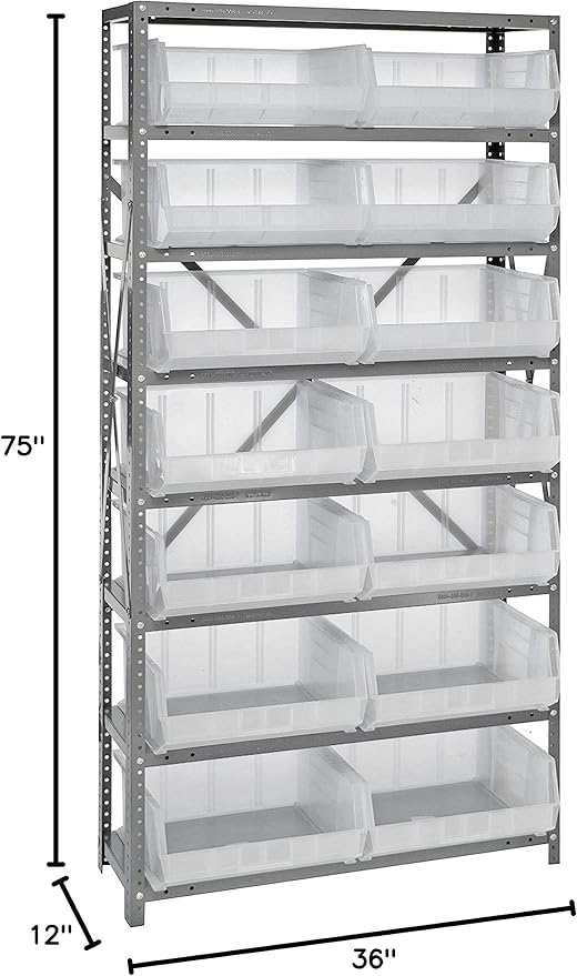 Quantum Storage Systems QSBU-250CL Giant Open Hopper Steel Shelving System, 12" D x 36" W x 75" H, with 8 Shelves and 14 QUS250 Bins, Clear