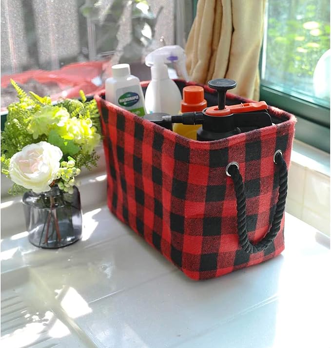 Rectangular Open Storage Baskets Cubes Decorative Home Organizer Containers with Cotton Rope Handles Stylish Storage Solution for Home or Office, Red Black Grid, M