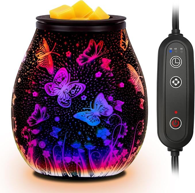 Electric Wax Melts Warmer with Timer-3D Wax Warmer with 7 Colors LED Light, Wax Burner for Scented Wax by PTC Heating, Removable Silicone Dish，Wax Melter for Home & Office Decor Gift (Butterfly-Timer)