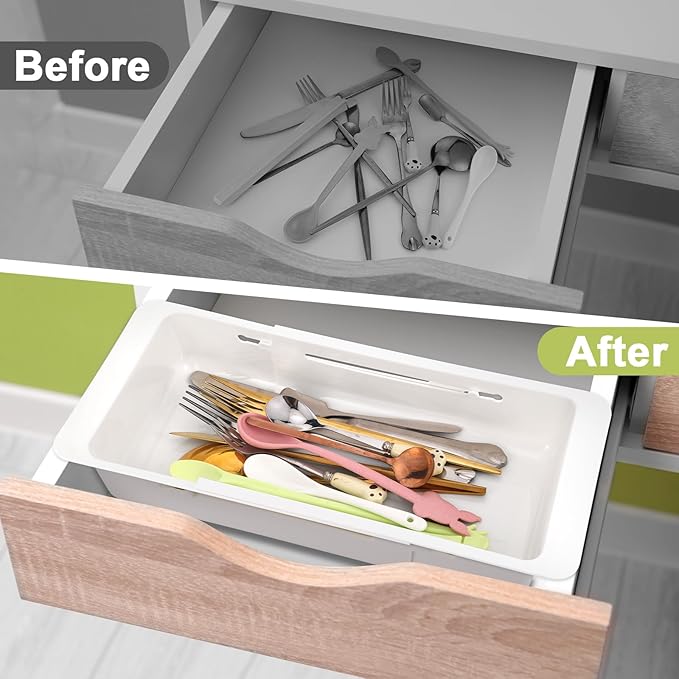 3 PCS Deep Drawer Organizer Bin Adjustable Sliding Drawer Organizers Expandable Kitchen Organizer Trays for Home Office Makeup Storage Tools