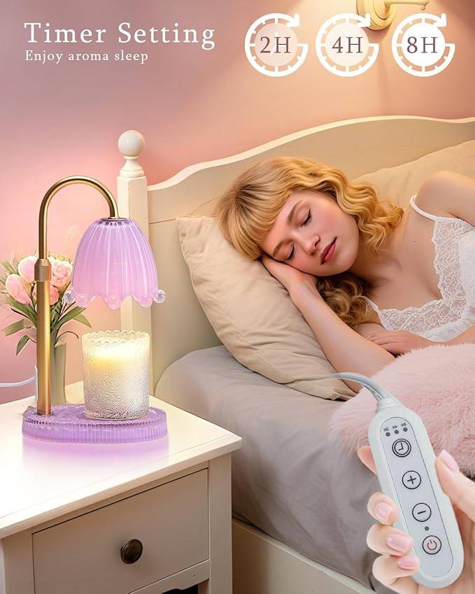 Flower Candle Warmer Lamp with Timer, Vintage Adjustable Glass Warmer Light for Jar Candles, Electric Wax Warming Melter, Gifts for Women Mom, Bedroom Decor (Purple-Flower)
