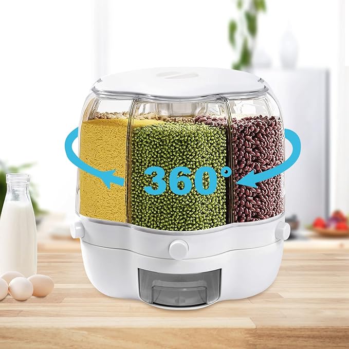 Rotating Grain Dispenser, Round Multigrain Tank Cup 6-Compartment Rice and Bean Dispenser, 17.64lb Cereal Grain Dispenser for Store Rice, Red Beans, Yellow Beans, Black Beans