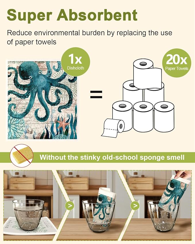 Miss Adola 8 Pack Reusable Kitchen Swedish Dishcloths for Washing Dishes Absorbent Fast Drying Cleaning Sponge Cloths Cute Design Decorate Washable Swedish Towels, Blue Sea