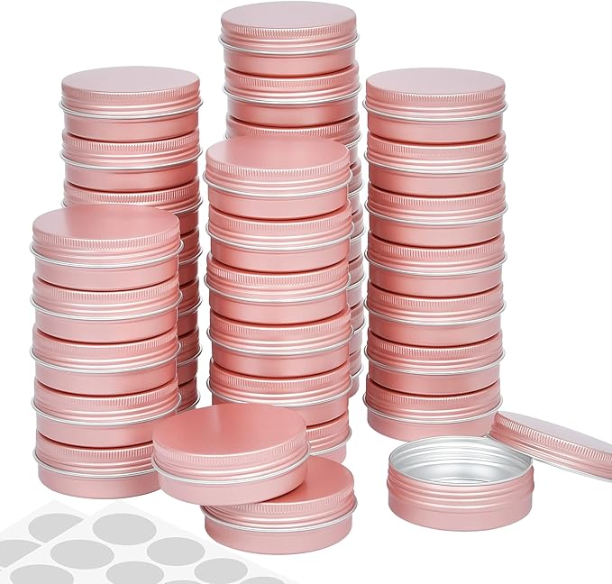 36 Pieces 2 oz Tins with Lids, Aluminum Rose Gold Candy Containers with White Labels, Small Empty Tin Cans Travel Storage Tin Jars for Candles, Lip Balm, Jewelry or Crafts
