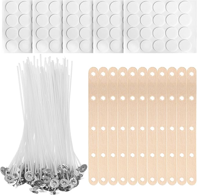 Candle Wicks for Candle Making - 100 Pcs Candles Wicks with 100 Pcs Wick Stickers and 10 Candles Wick Holders, Perfect for Soy Wax, Beeswax, and More