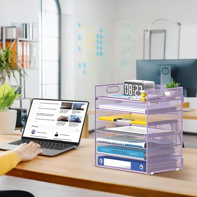 7 Tier Paper Organizer - Mesh Desktop File Holder with Handles for Office School Desk, Black (Purple)