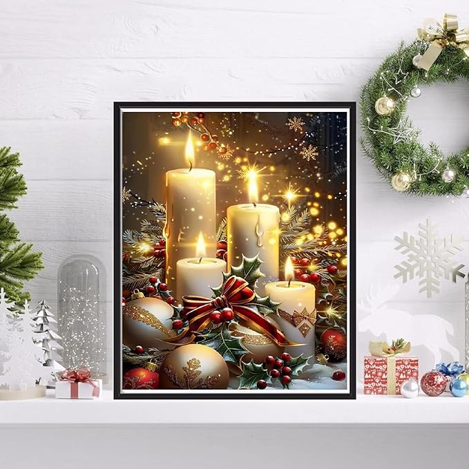 VIGEGU Christmas Diamond Painting Kits for Adults, Christmas Candles Diamond Art for Beginners, 5D Round Full Drill Winter Diamond Painting Gem Art Kits for Home Wall Decor 12x16 in