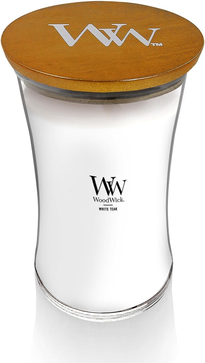 WoodWick Large Hourglass Candle in White Teak Premium Soy Blend Wax with Crackling Pluswick Innovation Wood Wick