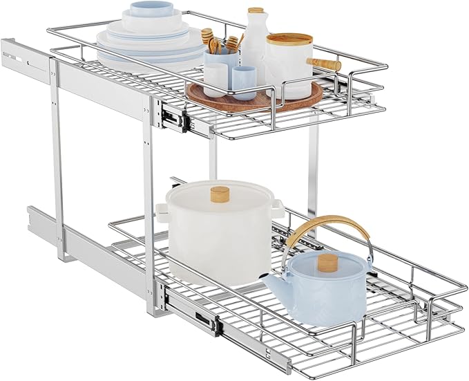 LOVMOR Individual Pull Out Cabinet Organizer, 2 Tier Cabinet Drawers Slide Out, Pots and Pans Organizer and Storage Pantry Shelf for Kitchen (11" W x 21" D)