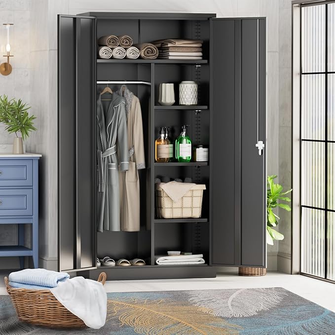 Greenvelly Metal Storage Cabinet with 2 Doors, Black 72” Steel Storage Wardrobe Cabinet, Employees Locker Closet Clothing Coat Steel Wardrobe Cabinet with Hanging Rod for Garage, Gym, Home Office